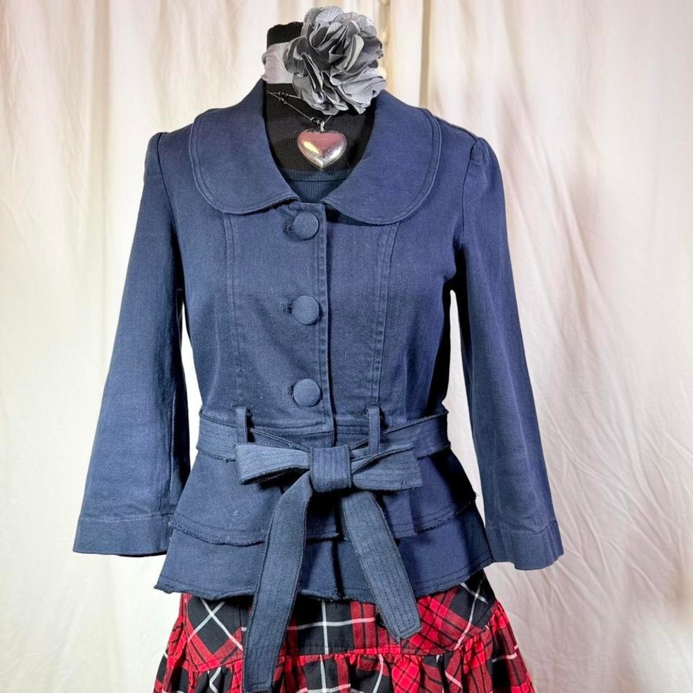 Vintage Y2K Navy Belted Peplum Jacket – 3/4 Sleeve Women's M